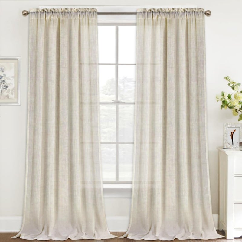 FantasDecor 108 inch Curtains Ivory White Linen Blend Semi Sheer Light Filtering Extra Long Drapes for Living Room Bedroom Thick Linen Textured Window Drapes Burlap Farmhouse Decor, W52 x L108, Ivory - Image 1
